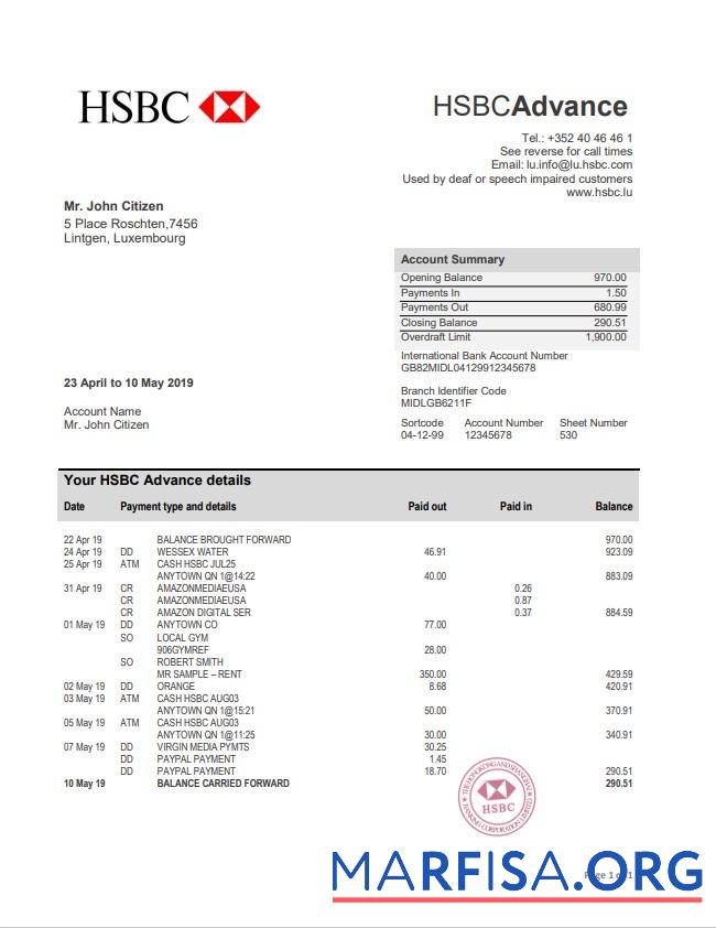 Blank Luxembourg HSBC bank statement word real example